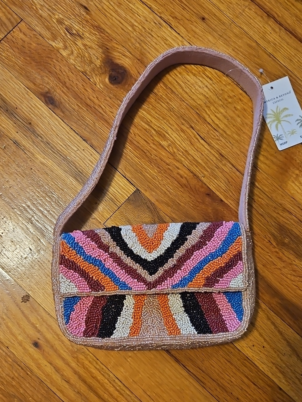 Beaded Multicolor Shoulder Bag with Pink Strap